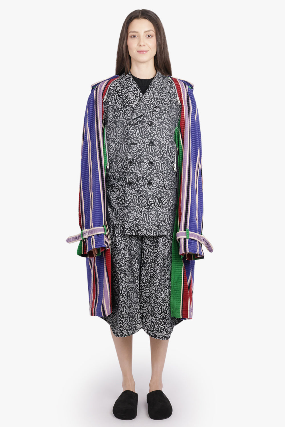 COMME DES GARCONS HOMME PLUS RTW Paisley Print Jacket With Overlay Stripe Velvet Trench Style Coat | Black/White/Multi