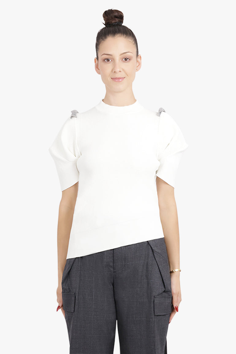 SACAI RTW Structured Shoulder S/S Asymmetric Knit Pullover | Off White