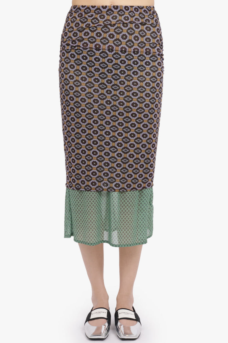 DRIES VAN NOTEN RTW Homoa Diamond Print Midi Skirt With Transparent Mesh Underlay | Brown/Mint
