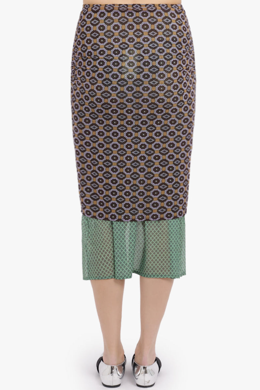 DRIES VAN NOTEN RTW Homoa Diamond Print Midi Skirt With Transparent Mesh Underlay | Brown/Mint