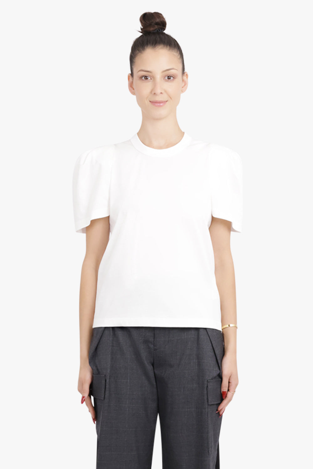 NOIR KEI NINOMIYA RTW Ruched Puff Shoulder S/S T-Shirt | White