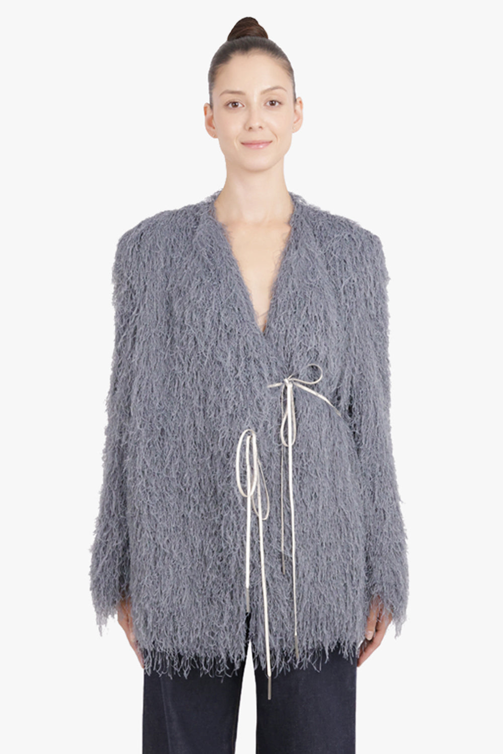DRIES VAN NOTEN RTW Rivla Fringing Wrap Coat | Dark Grey