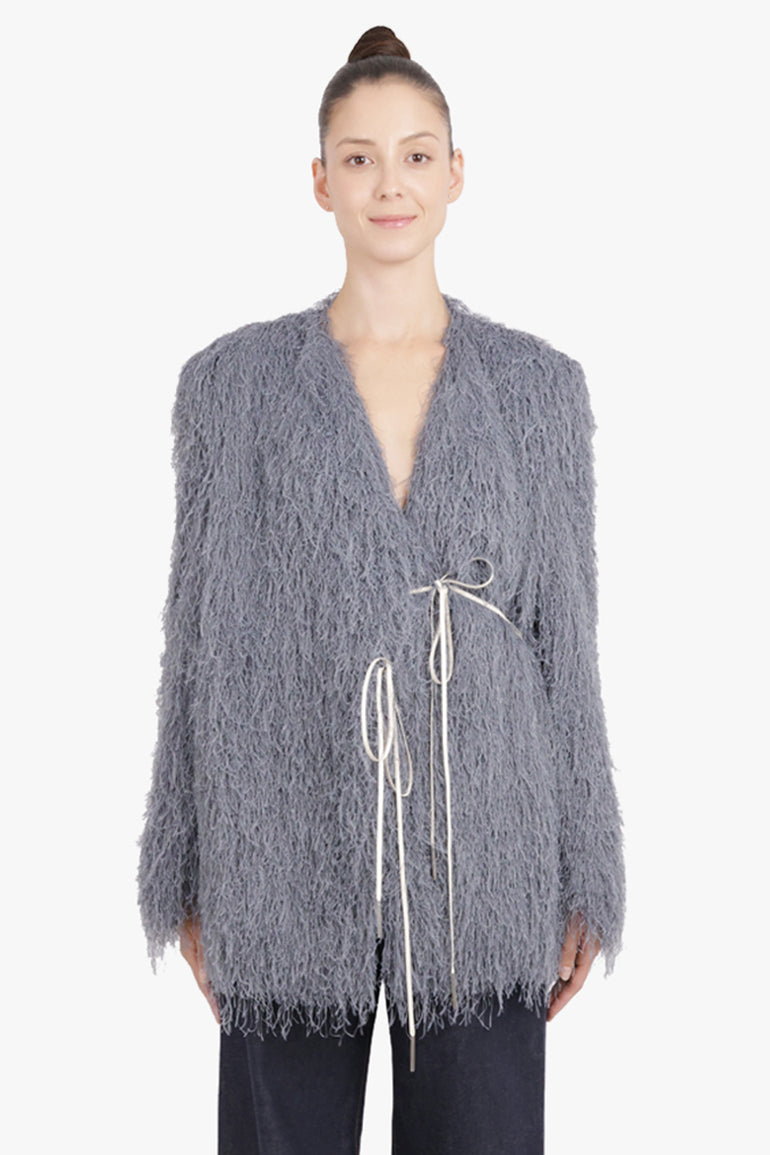DRIES VAN NOTEN RTW Rivla Fringing Wrap Coat | Dark Grey