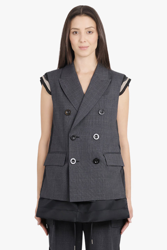 SACAI RTW Glen Check Print Contrast Panel Longline Vest With Exposed Shoulder Pads | Grey/Black