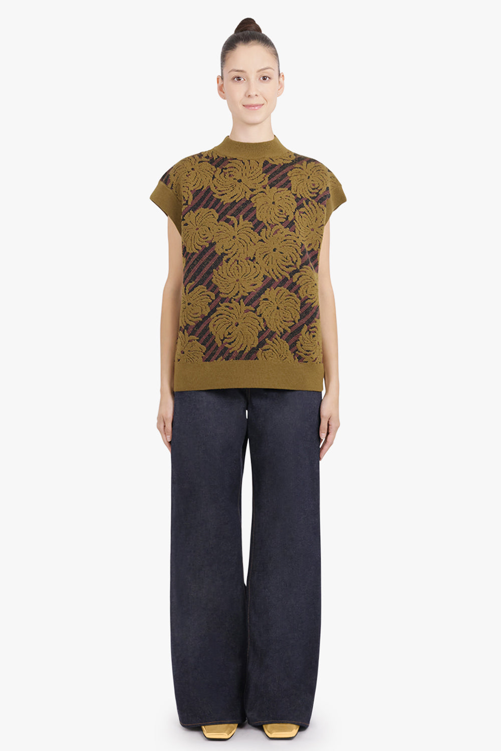 DRIES VAN NOTEN RTW Tepic Textured Floral S\S Sweater | Khaki