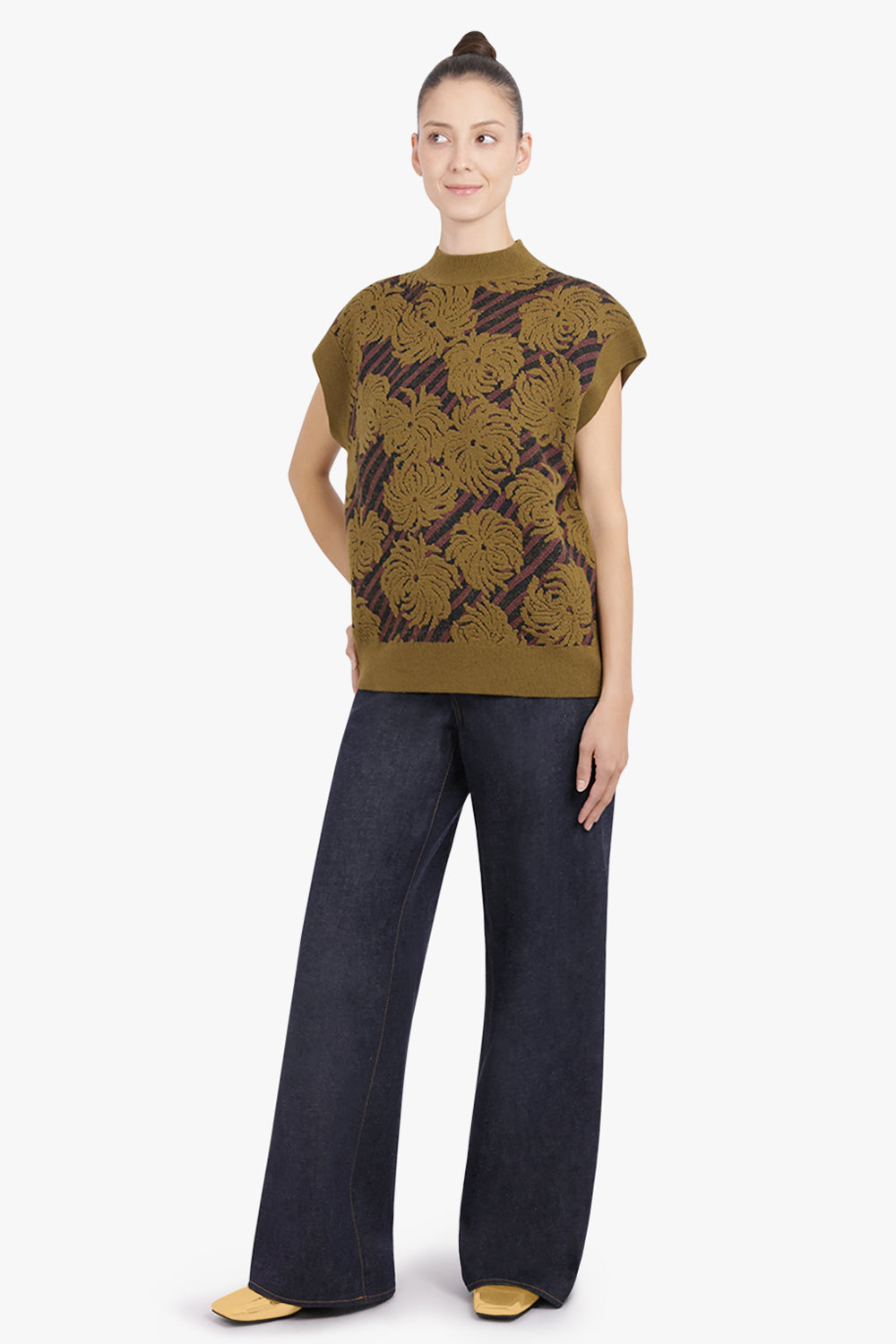 DRIES VAN NOTEN RTW Tepic Textured Floral S\S Sweater | Khaki