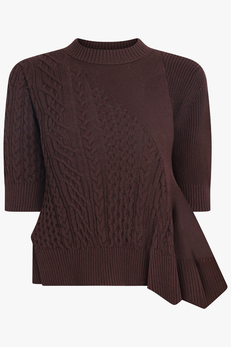 SACAI RTW 3/4 Sleeve Chain Knit With Asymmetric Hem Detail | Brown