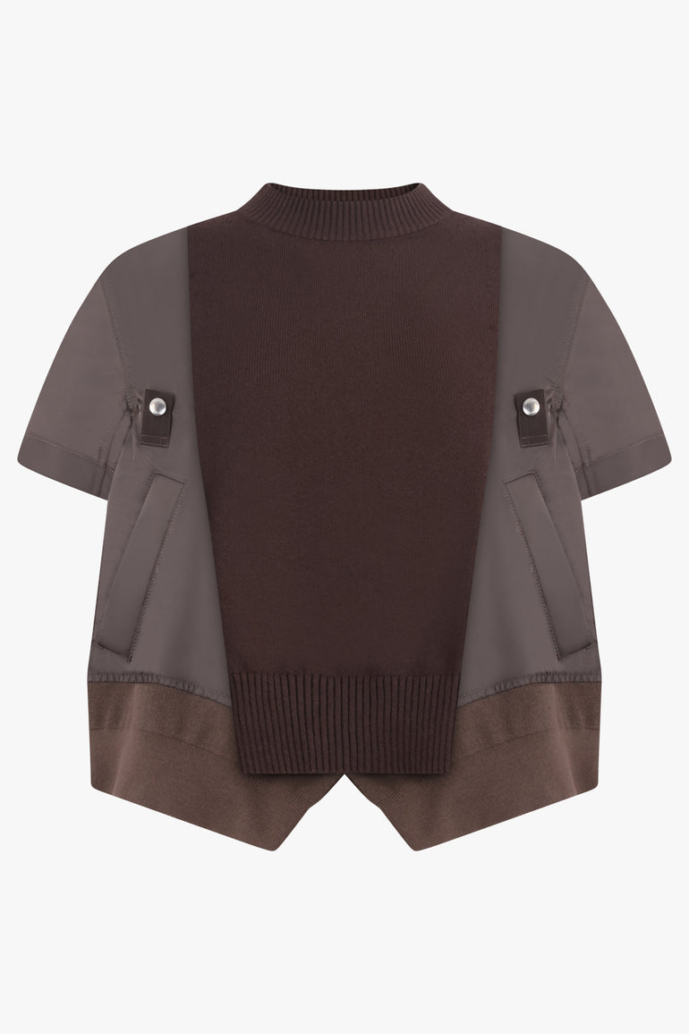 SACAI RTW Contrast S/S Panel X Knit Pullover Top | Brown