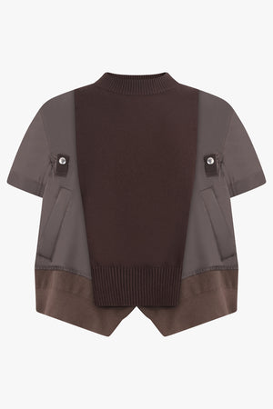 SACAI RTW Contrast S/S Panel X Knit Pullover Top | Brown