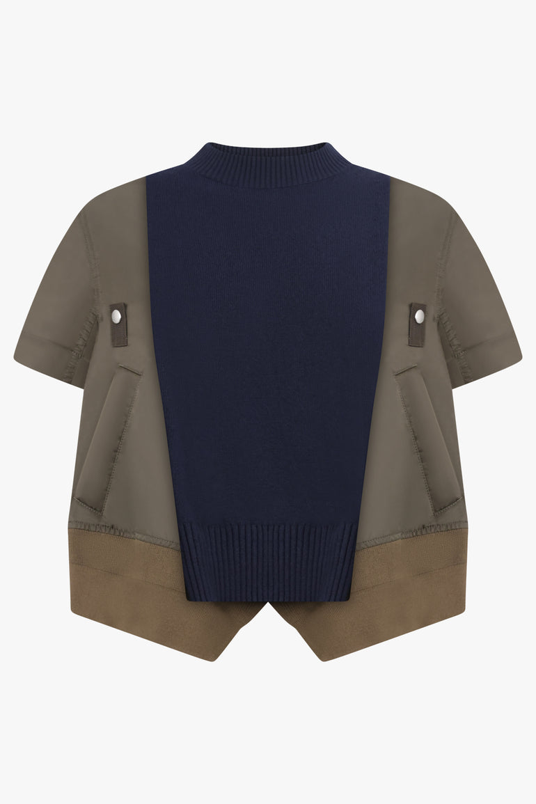 SACAI RTW Contrast S/S Panel X Knit Pullover Top | Navy/Khaki