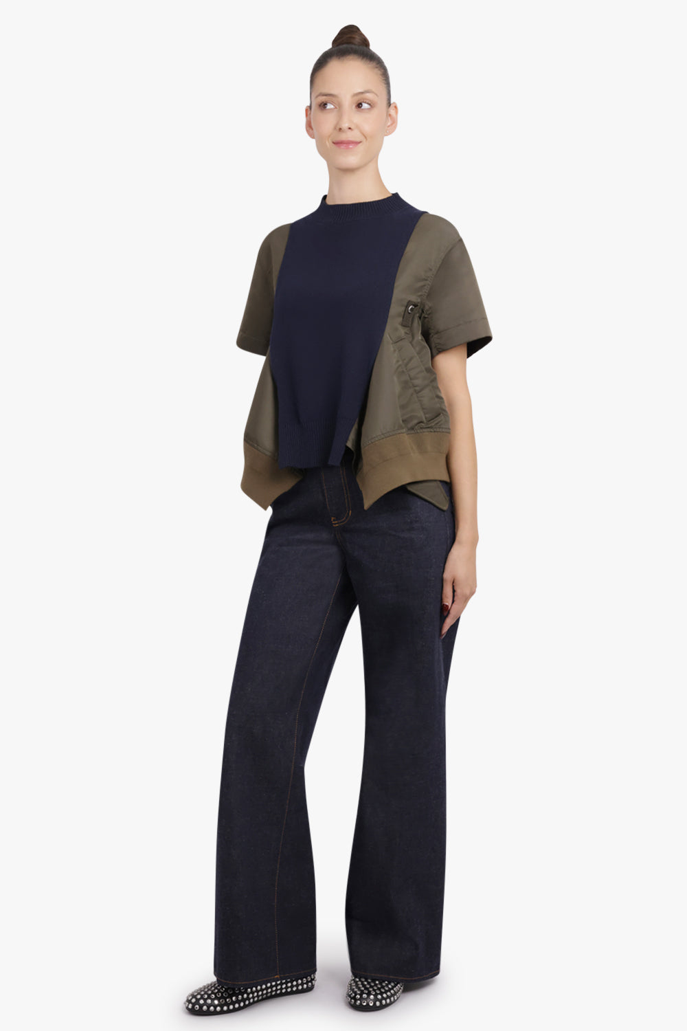 SACAI RTW Contrast Denim Wide Leg Pant | Indigo Blue/Khaki