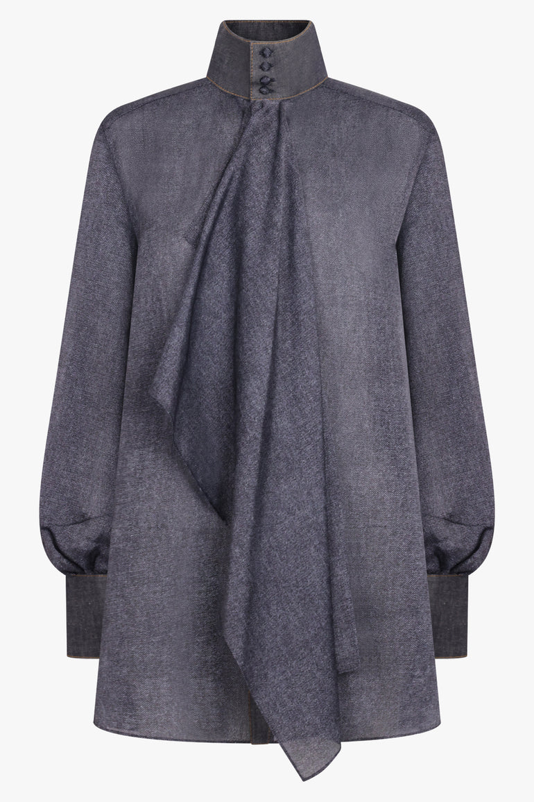 SACAI RTW Denim Print Layered Mini Dress With High Neck | Indigo Blue