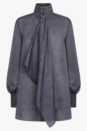 SACAI RTW Denim Print Layered Mini Dress With High Neck | Indigo Blue