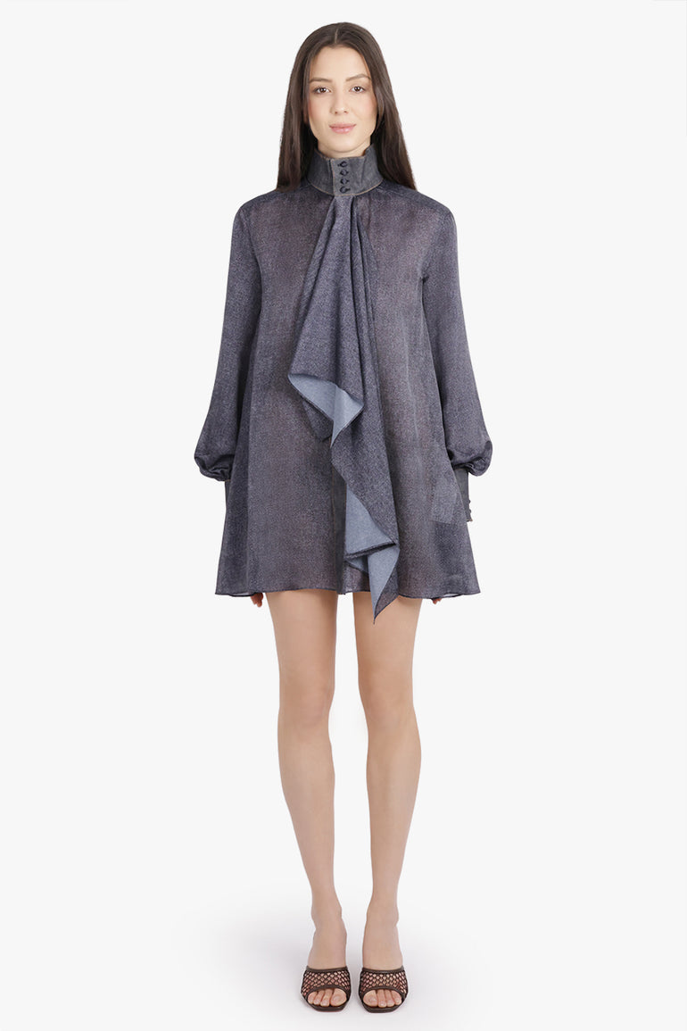 SACAI RTW Denim Print Layered Mini Dress With High Neck | Indigo Blue