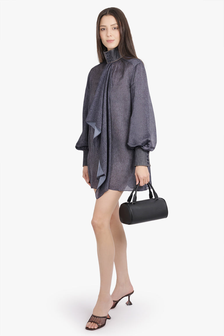 SACAI RTW Denim Print Layered Mini Dress With High Neck | Indigo Blue