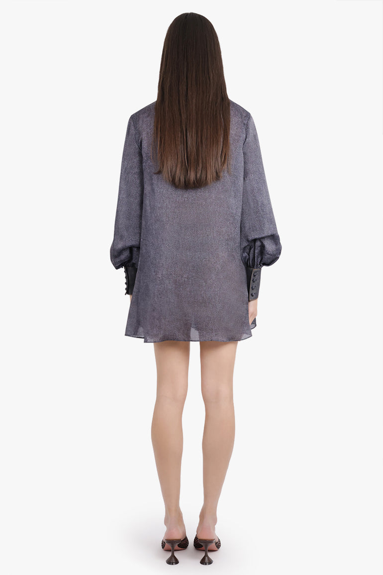 SACAI RTW Denim Print Layered Mini Dress With High Neck | Indigo Blue