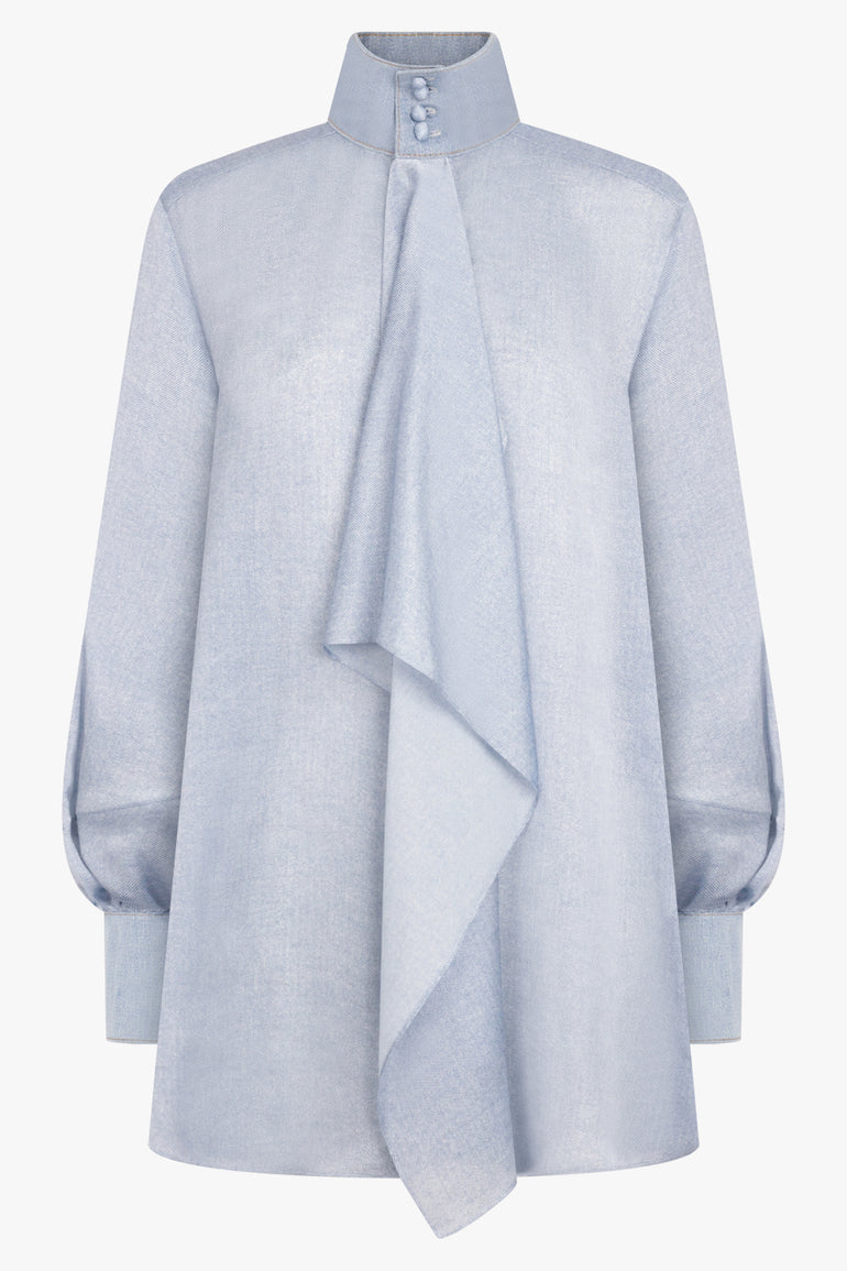 SACAI RTW Denim Print Layered Mini Dress With High Neck | Light Blue