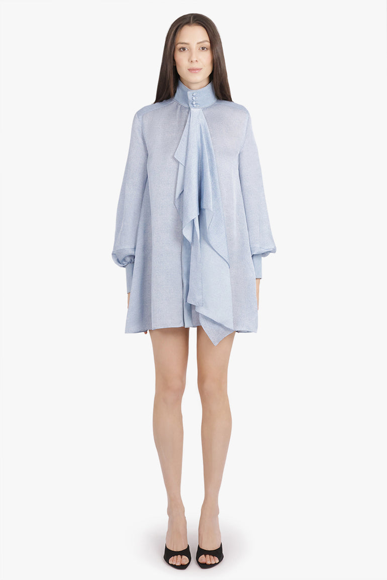 SACAI RTW Denim Print Layered Mini Dress With High Neck | Light Blue