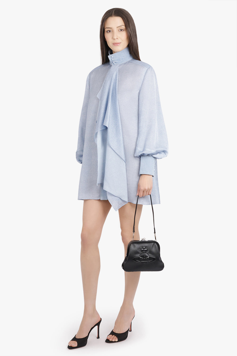 SACAI RTW Denim Print Layered Mini Dress With High Neck | Light Blue