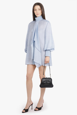 SACAI RTW Denim Print Layered Mini Dress With High Neck | Light Blue