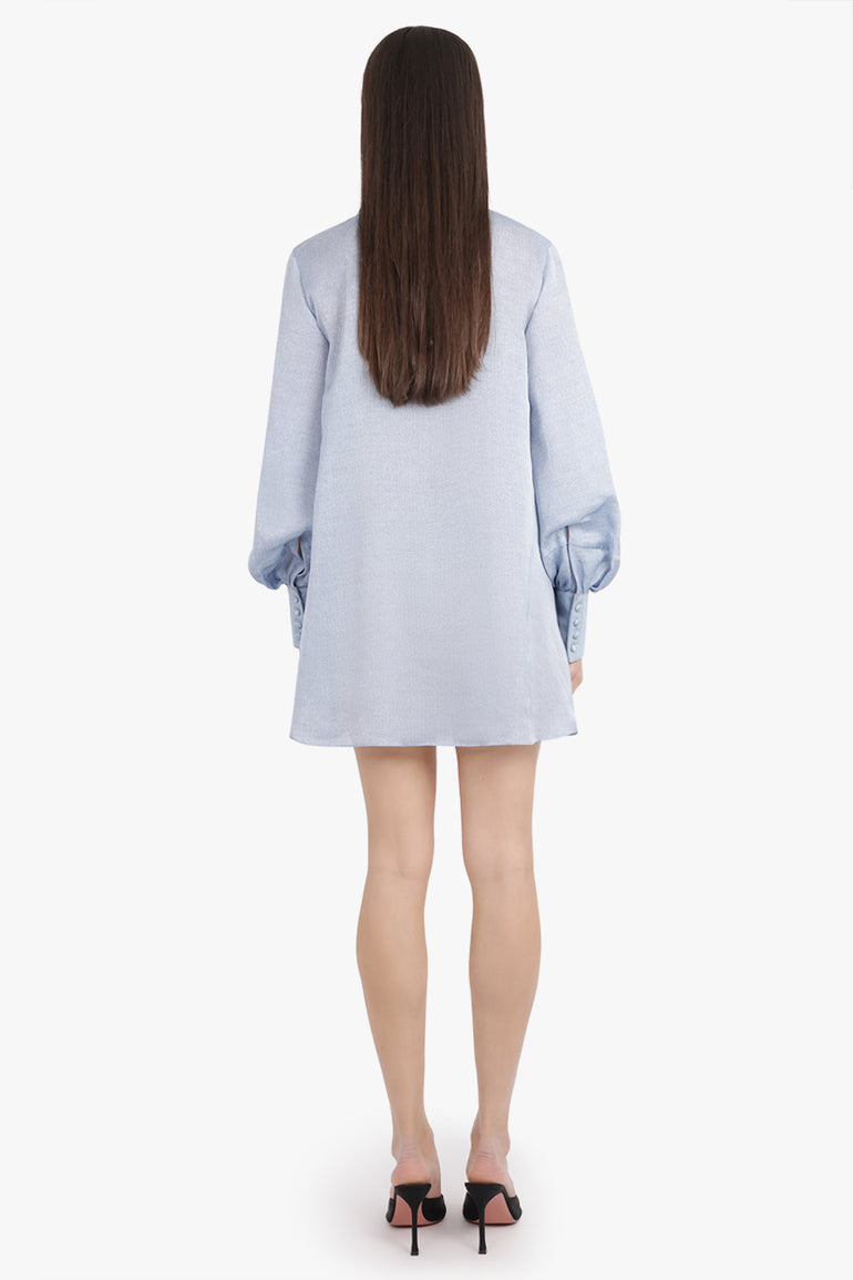 SACAI RTW Denim Print Layered Mini Dress With High Neck | Light Blue