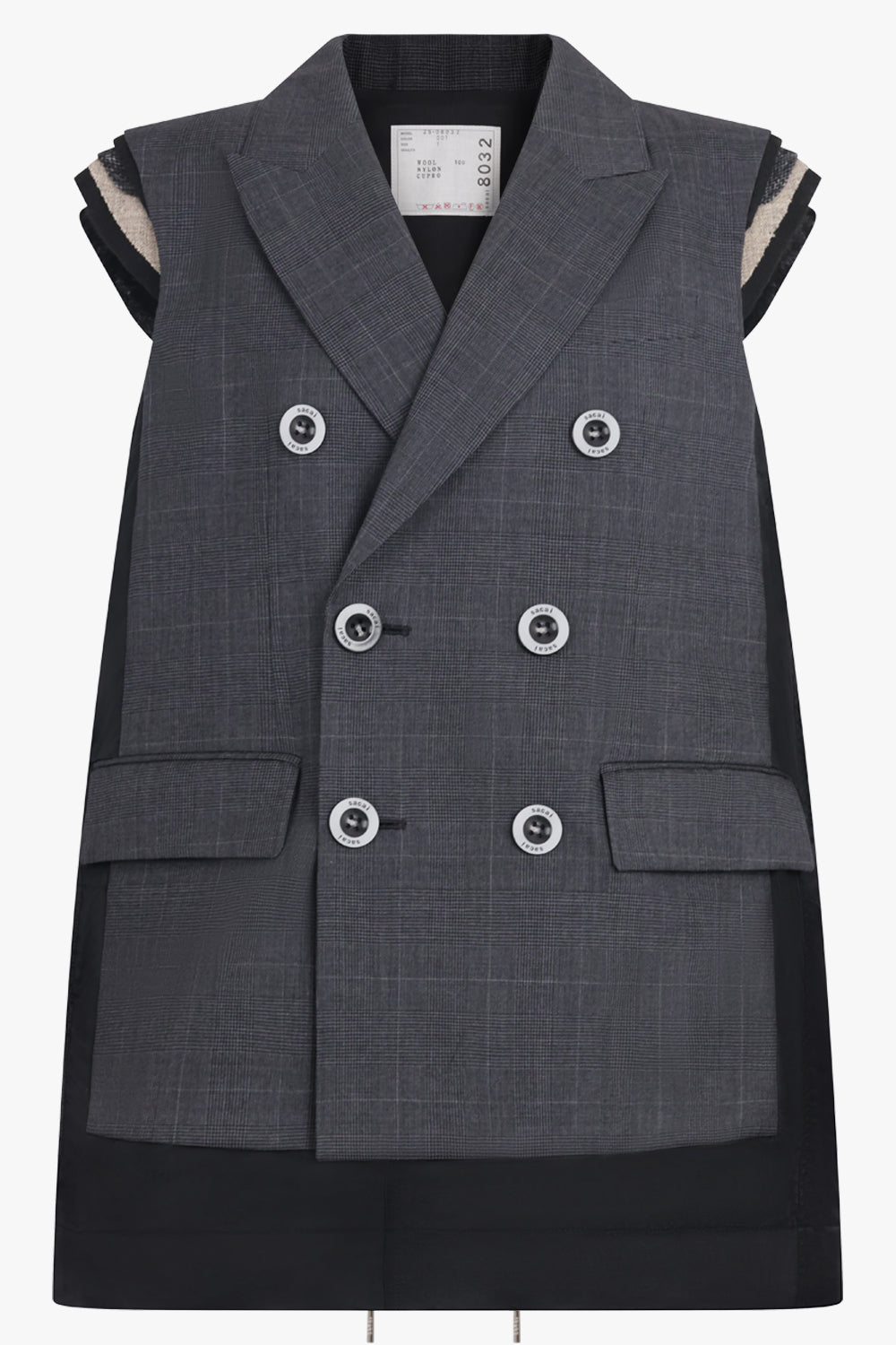 SACAI RTW Glen Check Print Contrast Panel Longline Vest With Exposed Shoulder Pads | Grey/Black