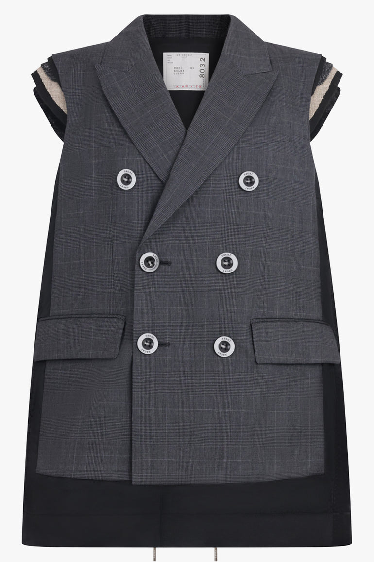 SACAI RTW Glen Check Print Contrast Panel Longline Vest With Exposed Shoulder Pads | Grey/Black