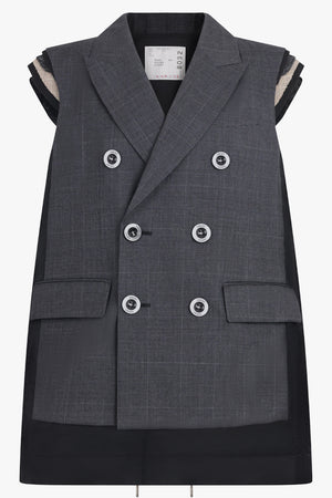 SACAI RTW Glen Check Print Contrast Panel Longline Vest With Exposed Shoulder Pads | Grey/Black