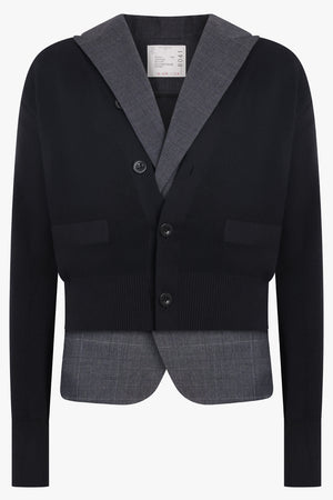 SACAI RTW Glen Check Print Jacket With Knit Cardigan Overlay | Black/Grey