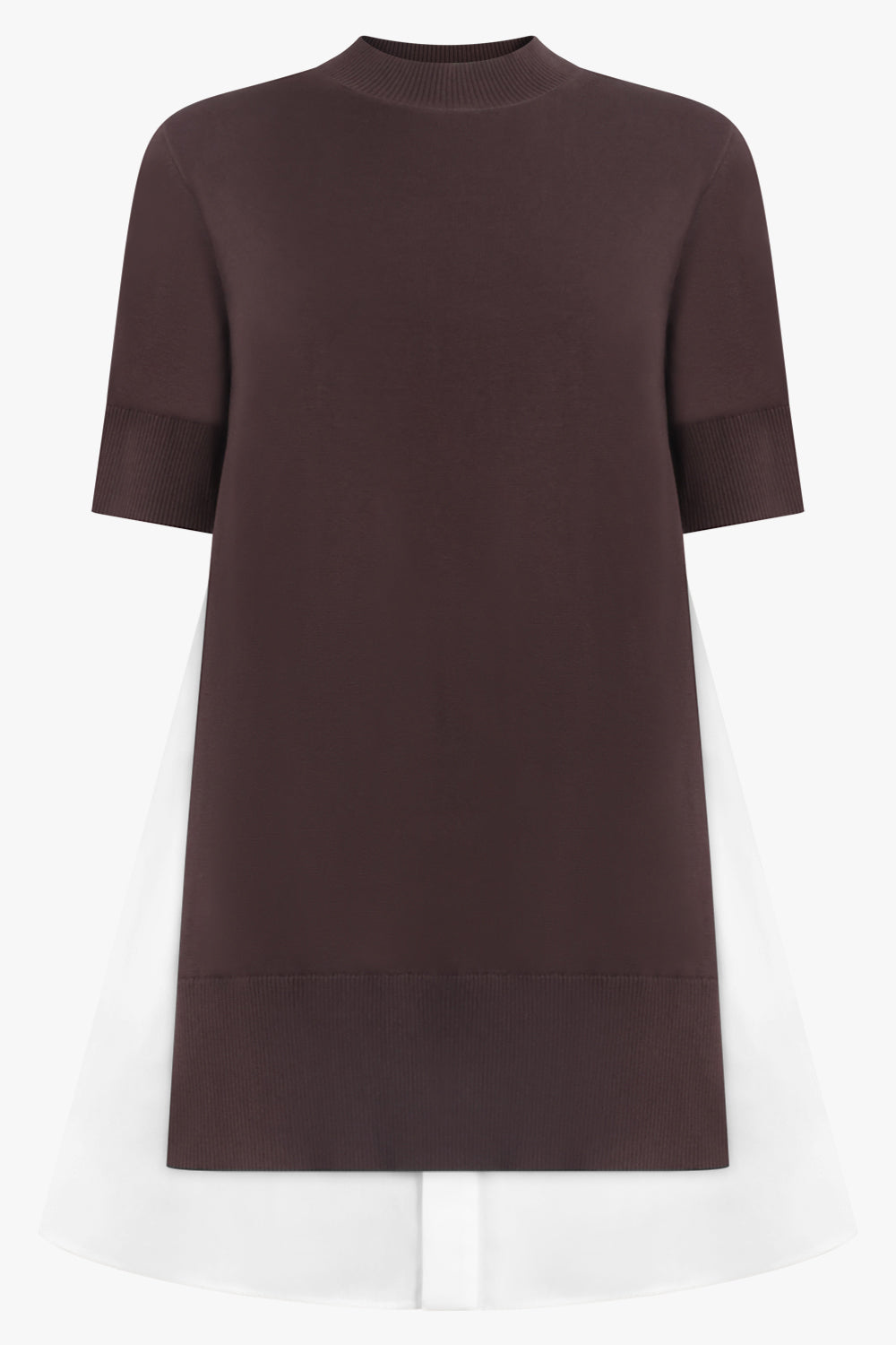 SACAI RTW Knit S/S Pullover Mini Dress With Shirt Panelling | Brown/Off White