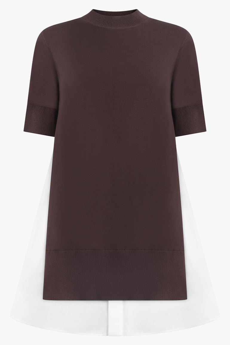 SACAI RTW Knit S/S Pullover Mini Dress With Shirt Panelling | Brown/Off White