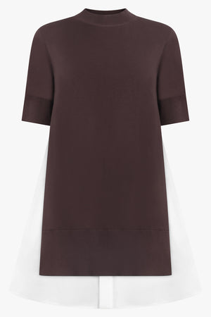 SACAI RTW Knit S/S Pullover Mini Dress With Shirt Panelling | Brown/Off White