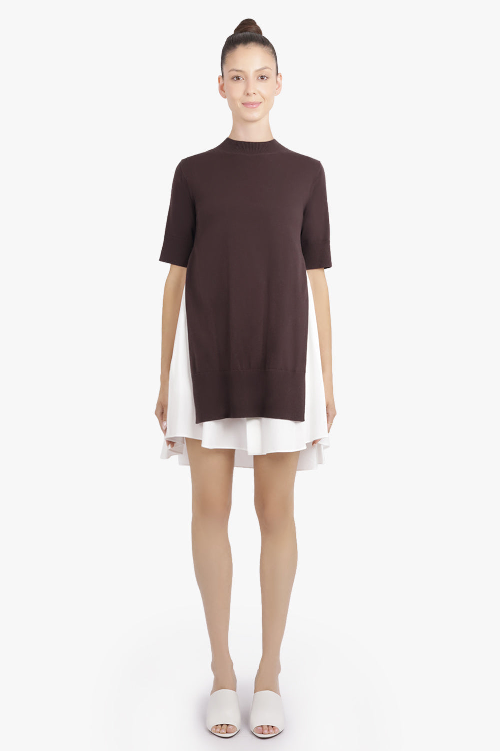 SACAI RTW Knit S/S Pullover Mini Dress With Shirt Panelling | Brown/Off White