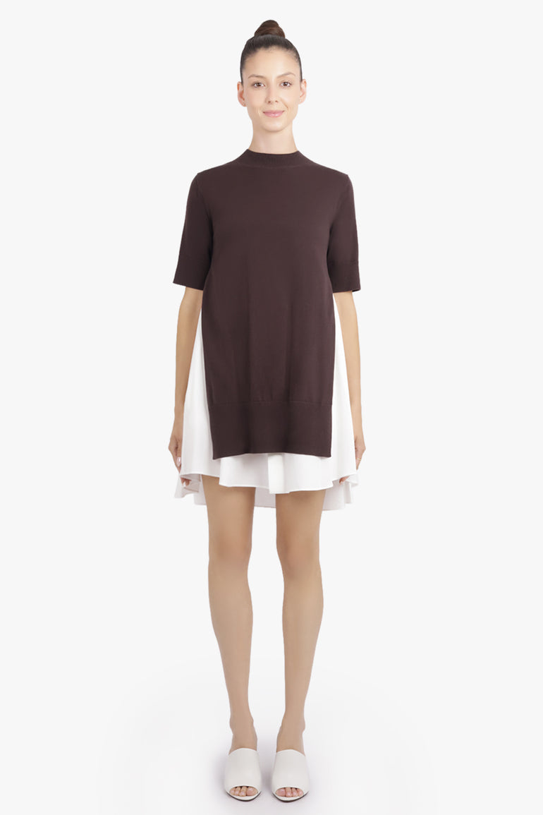 SACAI RTW Knit S/S Pullover Mini Dress With Shirt Panelling | Brown/Off White