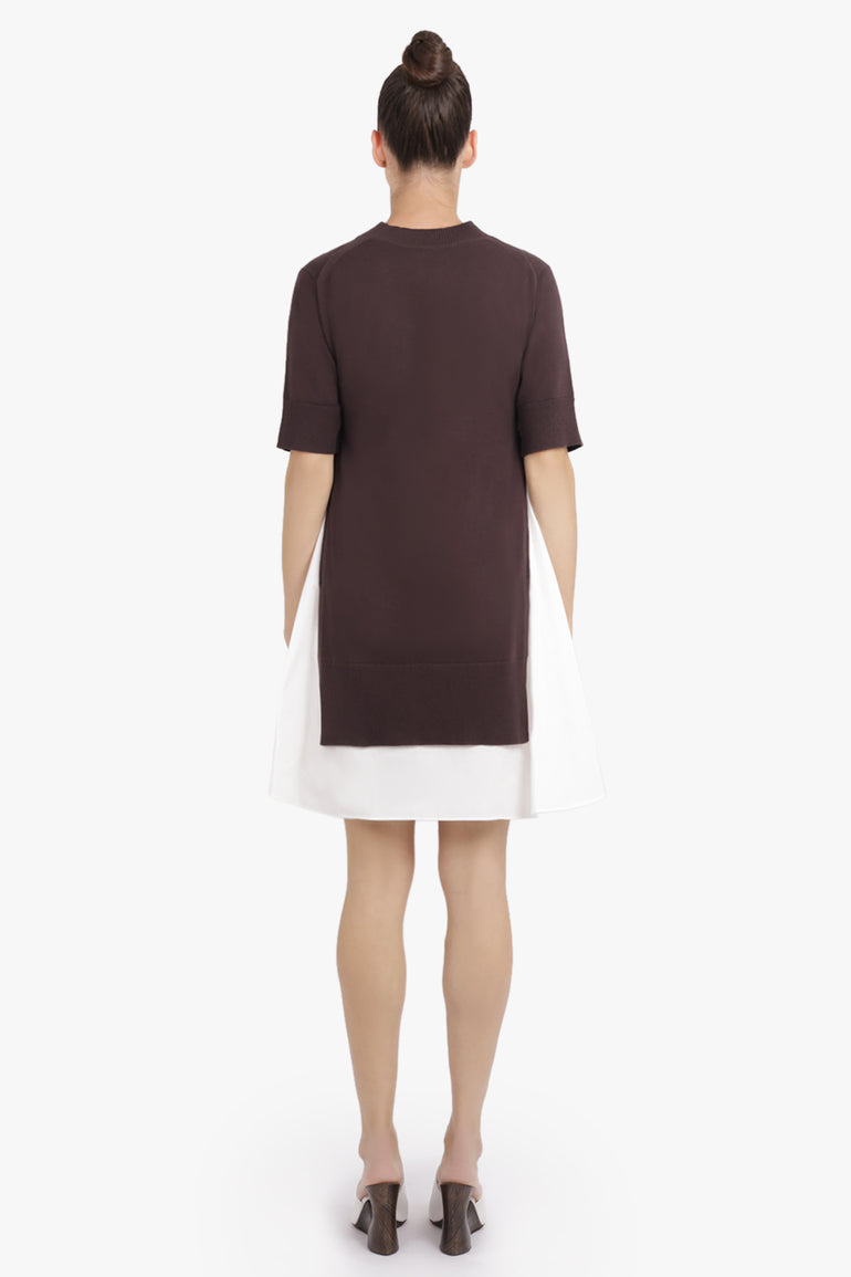 SACAI RTW Knit S/S Pullover Mini Dress With Shirt Panelling | Brown/Off White