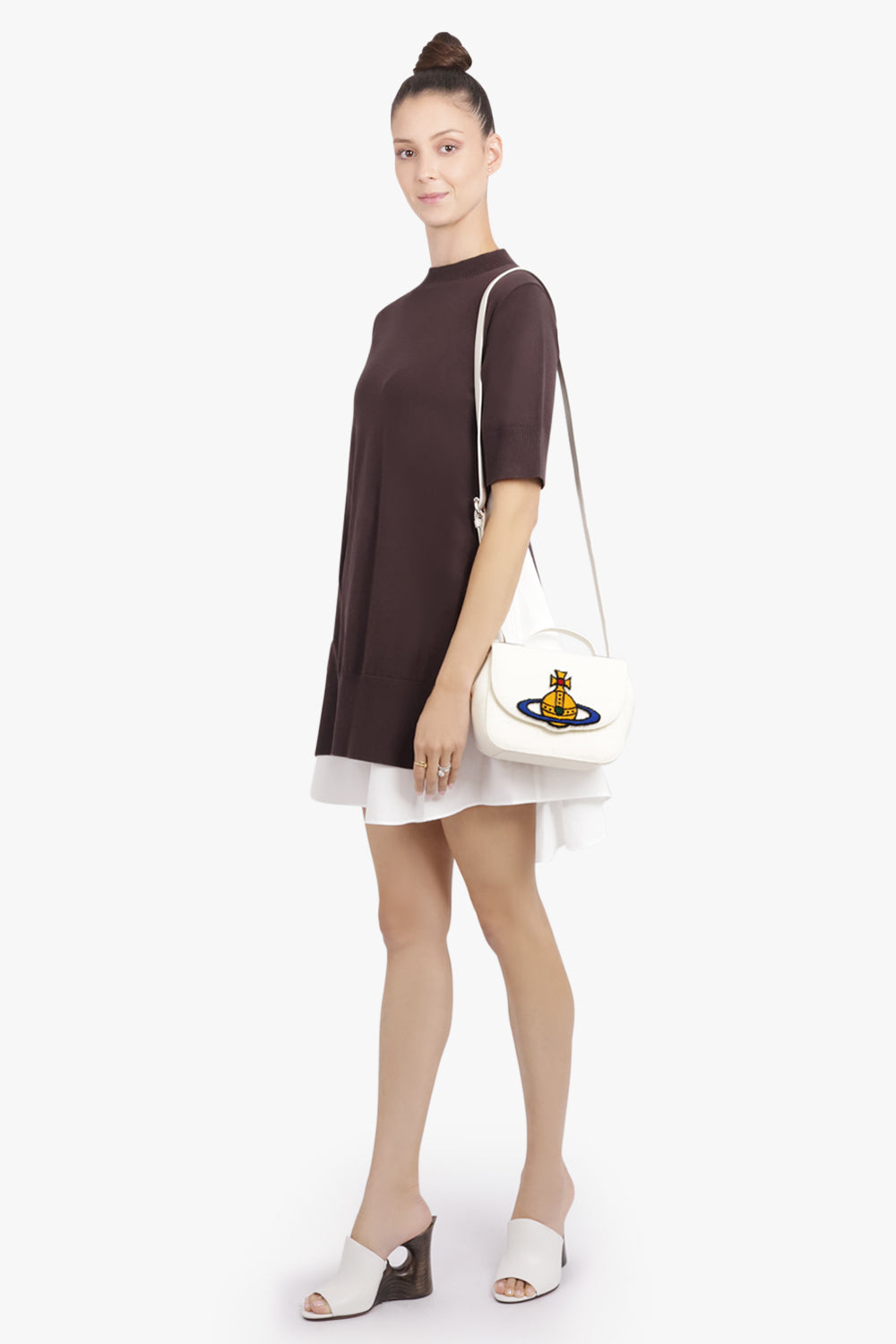 SACAI RTW Knit S/S Pullover Mini Dress With Shirt Panelling | Brown/Off White