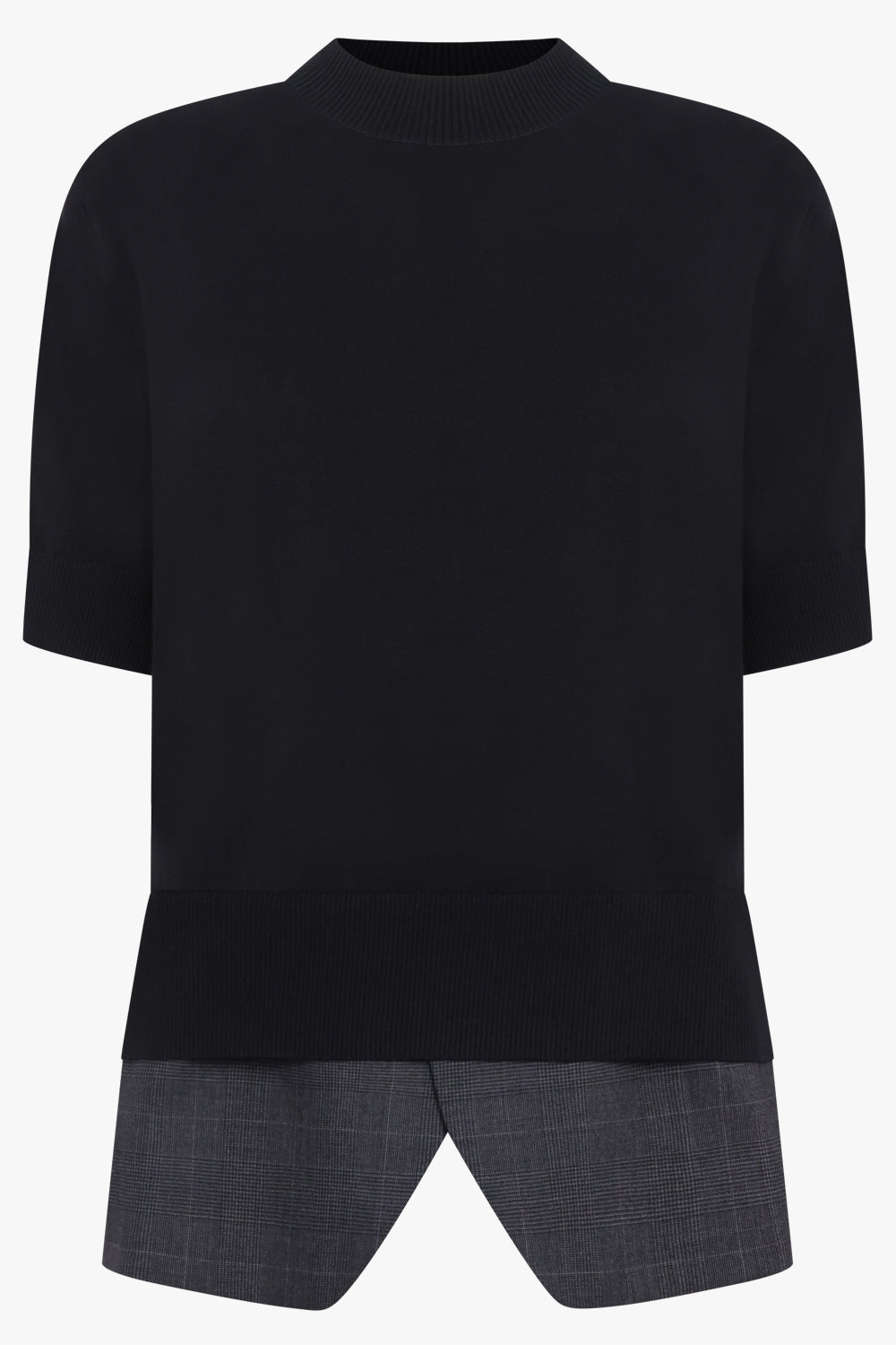 SACAI RTW Knit S/S Pullover With Glen Check Print Jacket Detail | Black/Grey