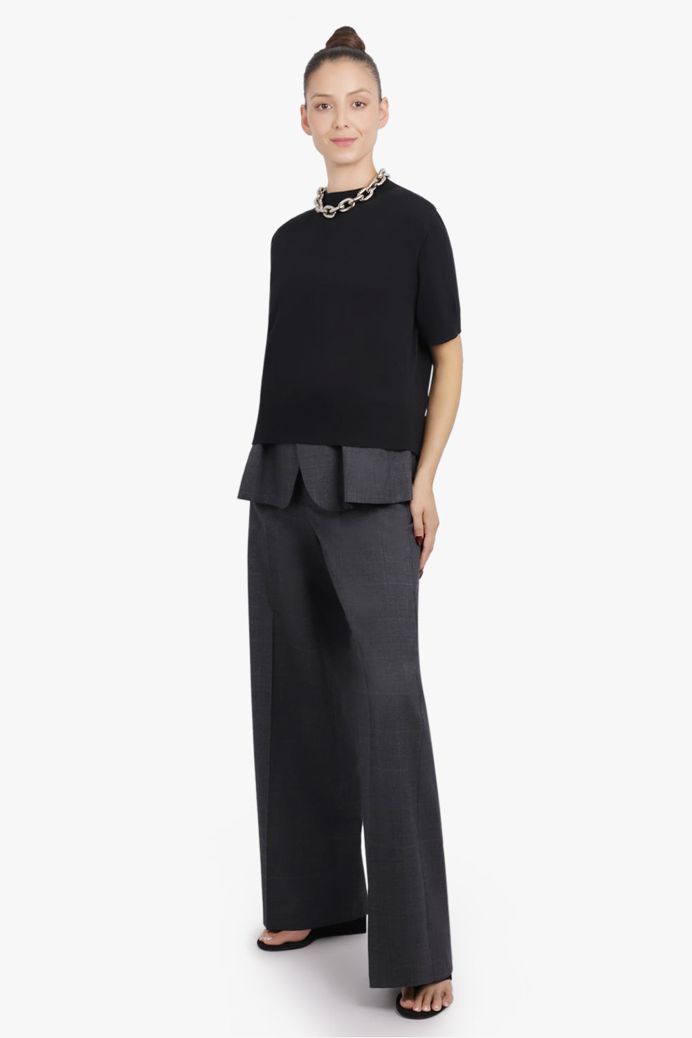SACAI RTW Glen Check Print Contrast Wide Leg Pant | Grey/Black