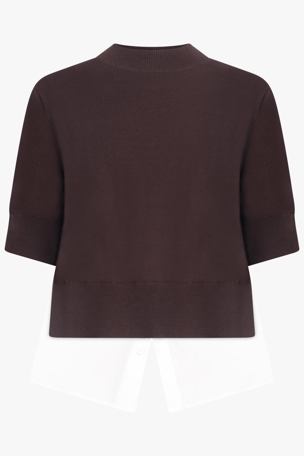 SACAI RTW Knit S/S Pullover With Shirt Panelling | Brown/Off White