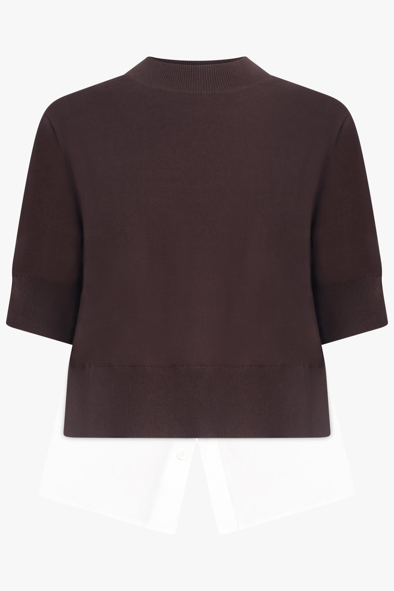 SACAI RTW Knit S/S Pullover With Shirt Panelling | Brown/Off White
