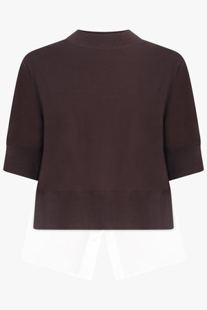 SACAI RTW Knit S/S Pullover With Shirt Panelling | Brown/Off White
