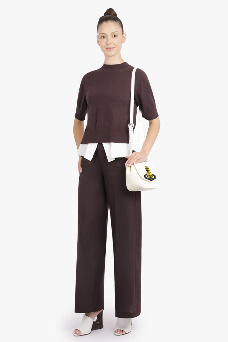 SACAI RTW Knit S/S Pullover With Shirt Panelling | Brown/Off White