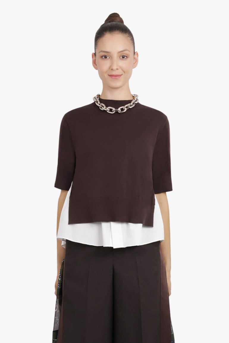 SACAI RTW Knit S/S Pullover With Shirt Panelling | Brown/Off White