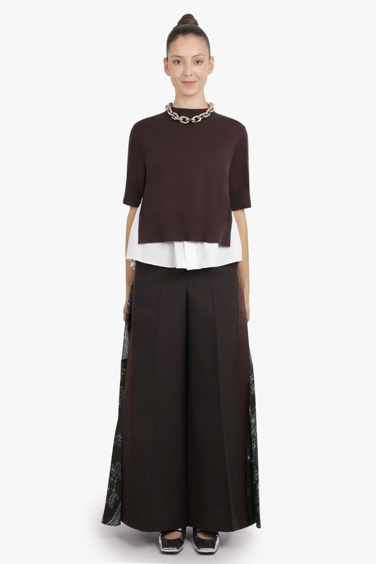 SACAI RTW Knit S/S Pullover With Shirt Panelling | Brown/Off White