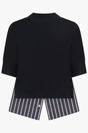 SACAI RTW Knit S/S Pullover With Stripe Shirt Panelling | Black/Navy