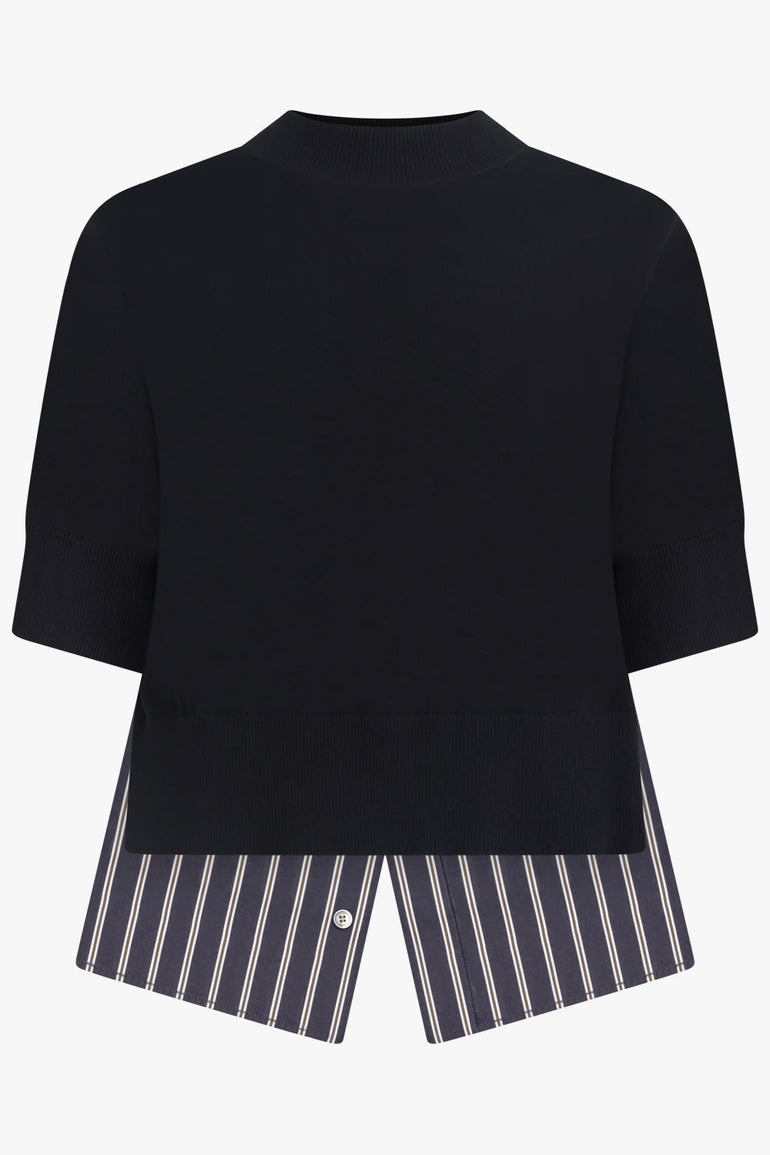 SACAI RTW Knit S/S Pullover With Stripe Shirt Panelling | Black/Navy