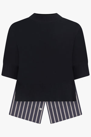 SACAI RTW Knit S/S Pullover With Stripe Shirt Panelling | Black/Navy