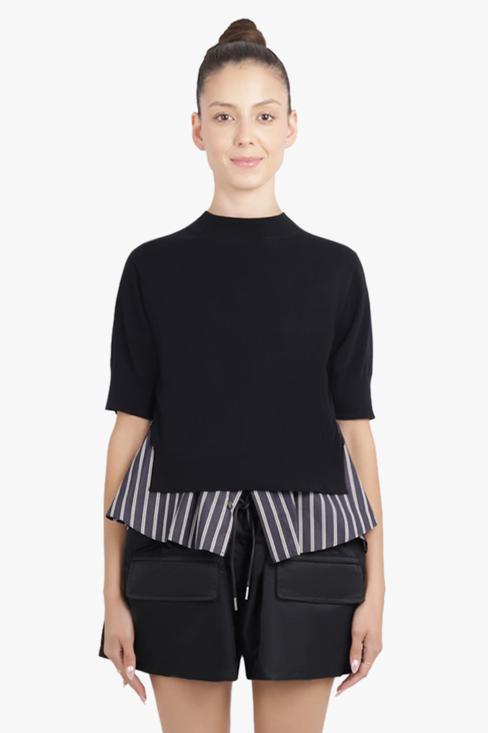 SACAI RTW Knit S/S Pullover With Stripe Shirt Panelling | Black/Navy