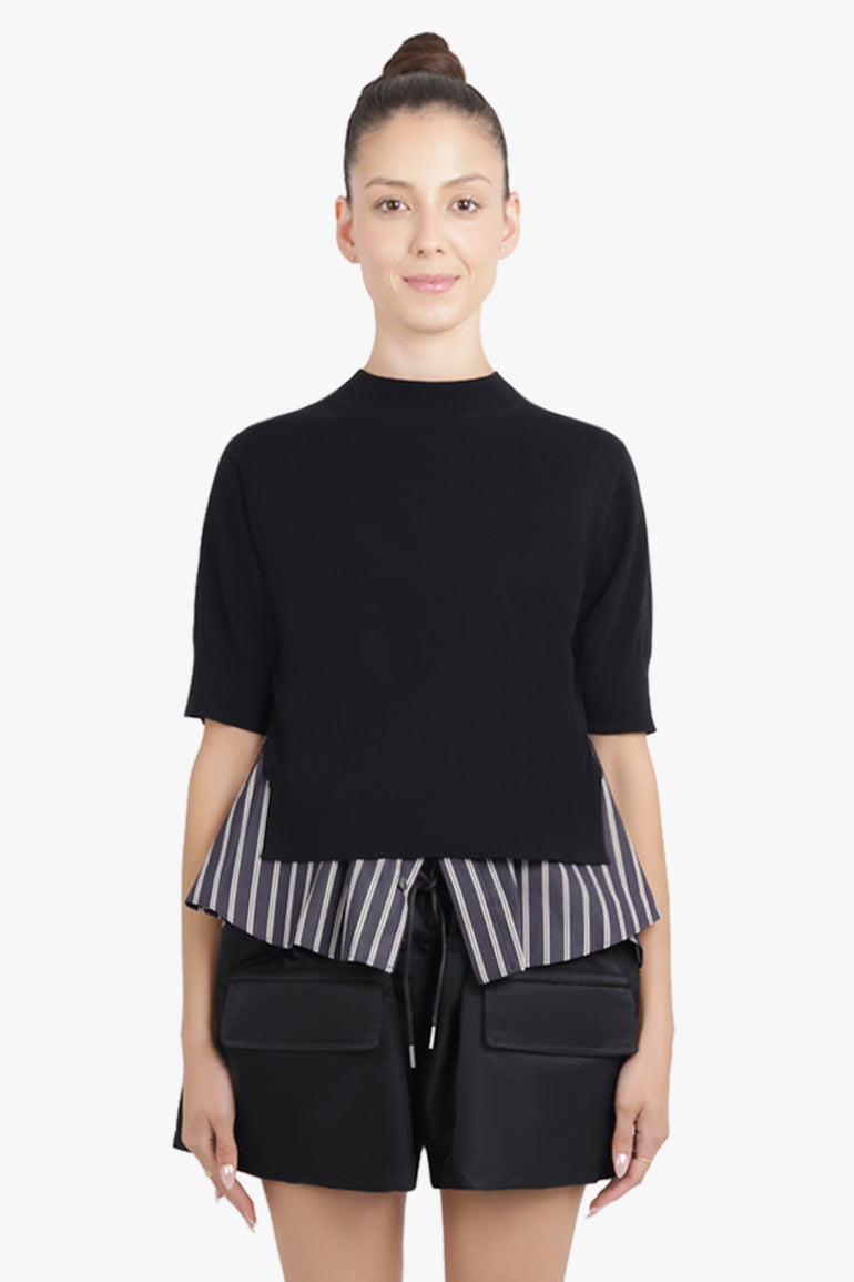 SACAI RTW Knit S/S Pullover With Stripe Shirt Panelling | Black/Navy