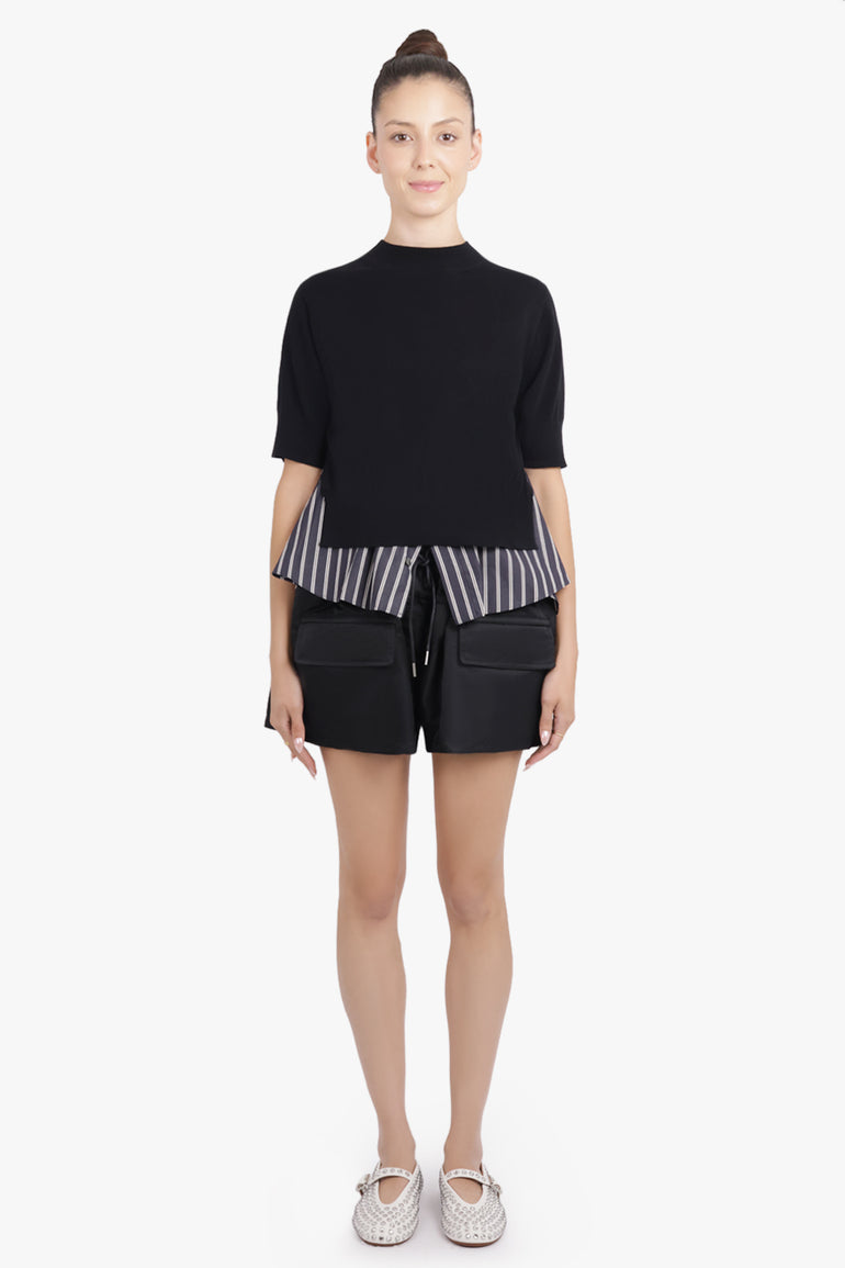 SACAI RTW Knit S/S Pullover With Stripe Shirt Panelling | Black/Navy